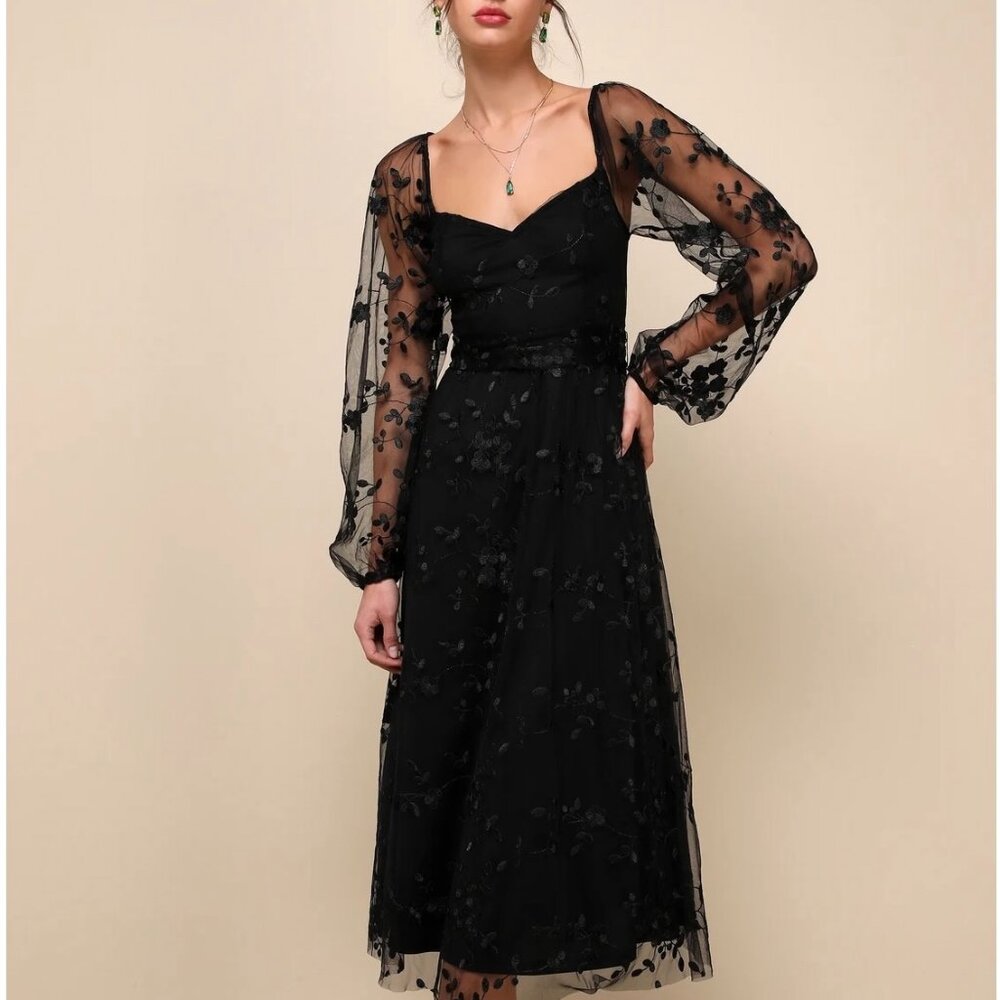 Lulus NWT Darling Charisma Black Mesh Embroidered Long Sleeve Midi Dress Sz M